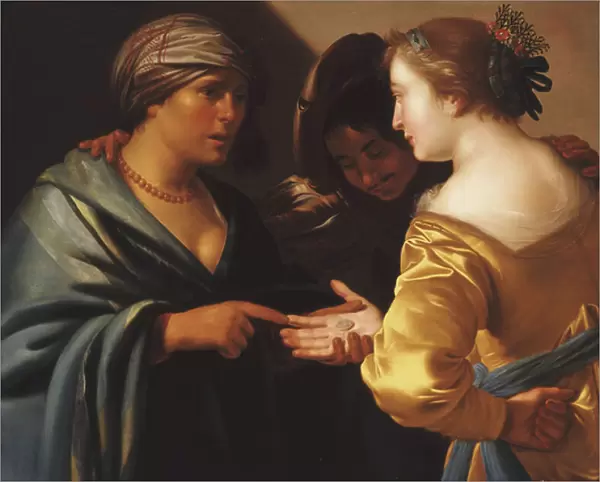 A Gypsy Fortune Teller with a Young Couple, (oil on panel)