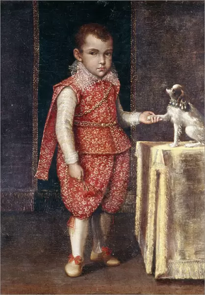 Portrait of a Boy, full-length, wearing a silver-embroidered red costume