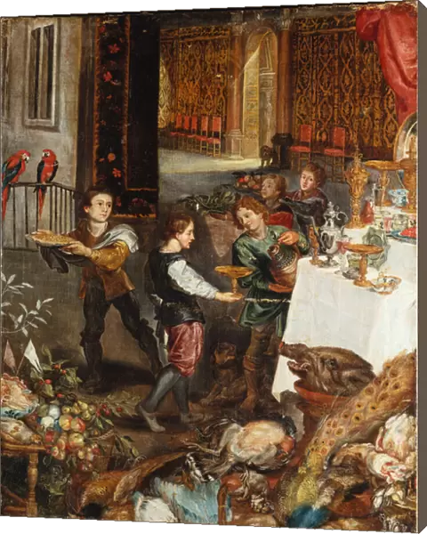 Pages at a Banquet in a Palatial Interior with a Still Life of Fruit