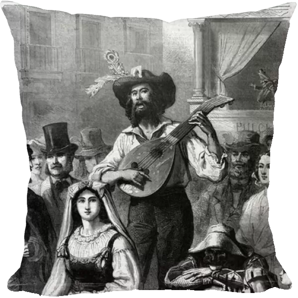 Mandolin player in a street in Italy, 1861. Engraving in '