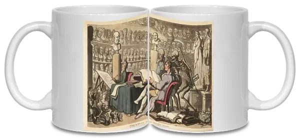 The figures of Time with a scythe and Death with his spear and hourglass stand behind an artist with a quill pen drawing in an atelier filled with classical busts and sculptures