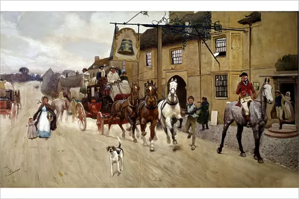 Stop the diligence in front of the inn of the bell in Stilton Watercolour by Cecil Aldin