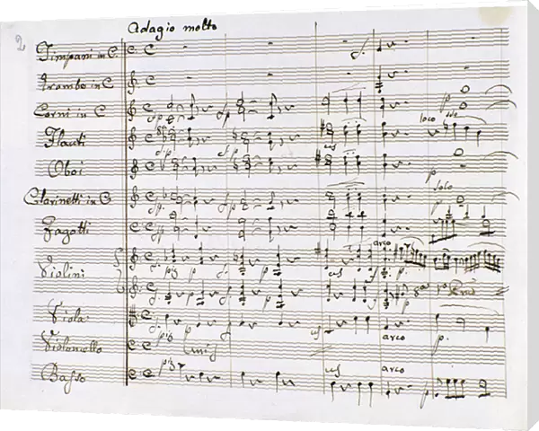 Sheet music page of the Symphony n. 1 in C major by Ludwig van Beethoven (engraving)