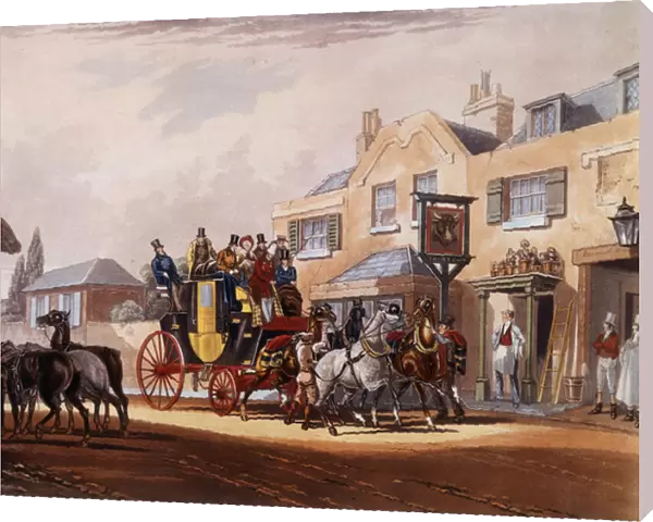 The horse relay of a diligence during a stop in an inn. Prints of the 19th century