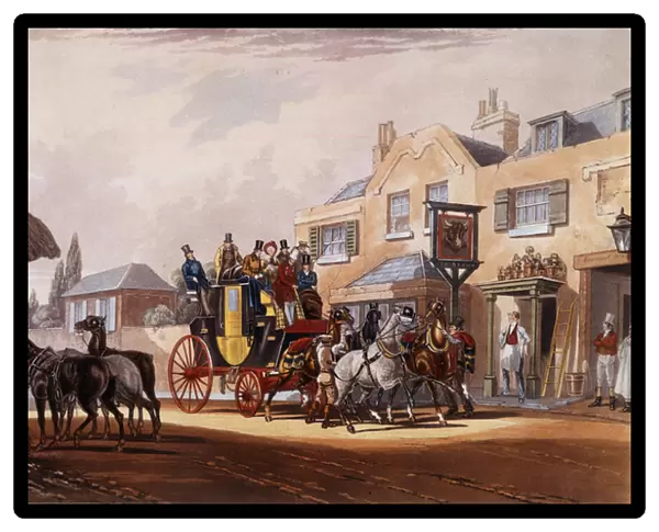 The horse relay of a diligence during a stop in an inn. Prints of the 19th century