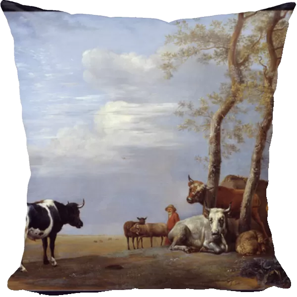 Landscape with peasant and animals. Painting by Paul Potter (1625-1654) Ec. Hol. 1646