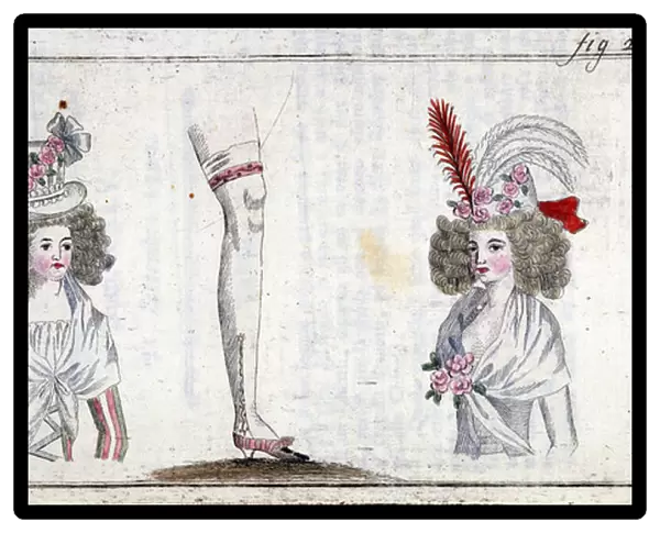 Fashion 18th century: hairstyle and garter of women around 1788