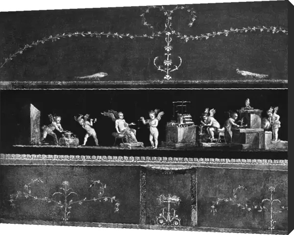 Cherubs making money, frieze from the Oecus of the Casa dei Vettii (House of the Vettii) c. 50-79 AD (fresco) (b  /  w photo)