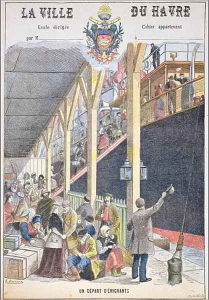 The Departure of Emigrants from Le Havre, front cover of a schoolbook (colour litho)