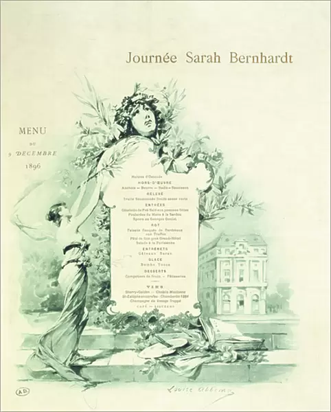 Menu for Sarah Bernhardt Day, 9th December 1896 (colour litho)