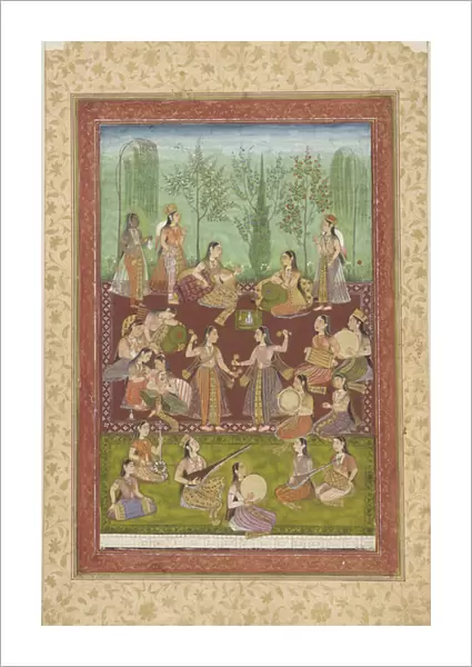 A group of women in a garden, entertaining themselves with music and dancing
