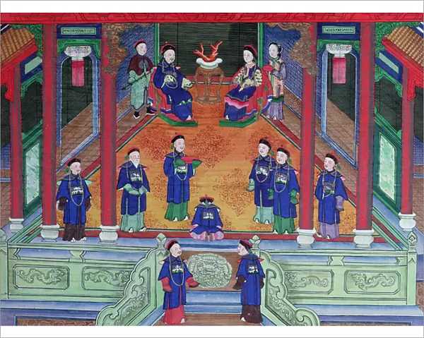 Scene depicting a Chinese imperial official at home seated with his wife (gouache on silk