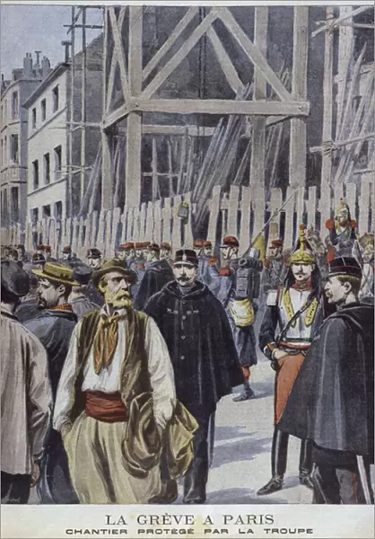 Strike in Paris, building site protected by the army, illustration from