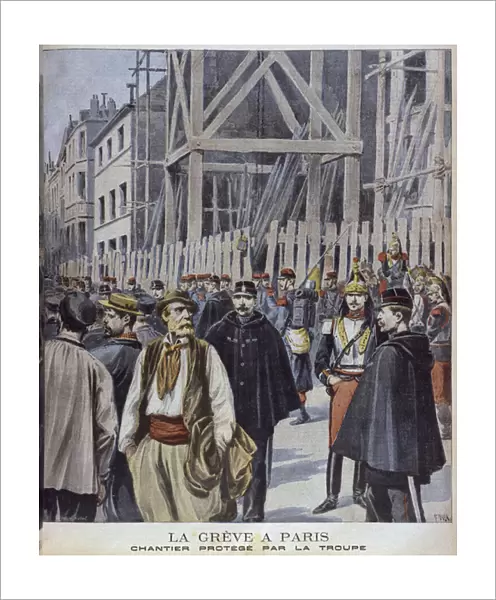 Strike in Paris, building site protected by the army, illustration from