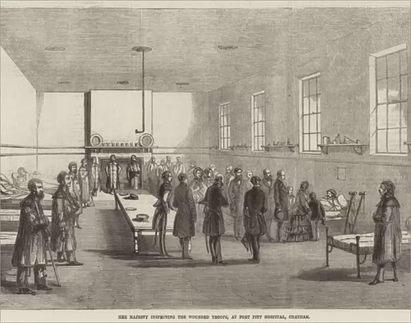 Her Majesty inspecting the Wounded Troops, at Fort Pitt Hospital, Chatham (engraving)