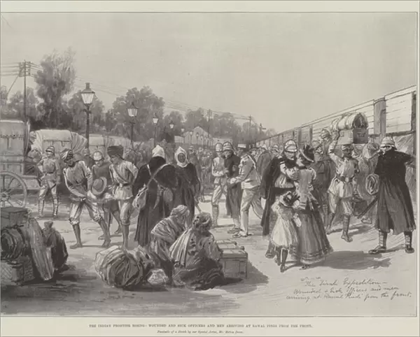 The Indian Frontier Rising, Wounded and Sick Officers and Men arriving at Rawal Pindi from the Front (engraving)