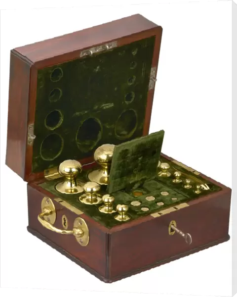 A box of standard weights for silver coins, 1774 (brass weights in wooden box)