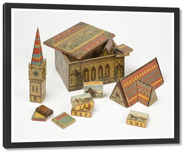 Toy building bricks, 1860-1900 (wooden blocks covered with transfer printed paper)
