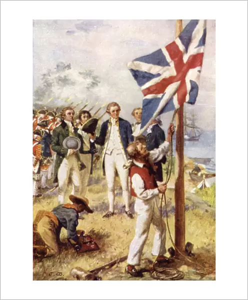Captain Cook hoisting the British Flag in Australia (colour litho)