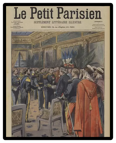 President Fallieres of France greeting the commanding officers of foreign ships at the prefecture of Marseilles (colour litho)