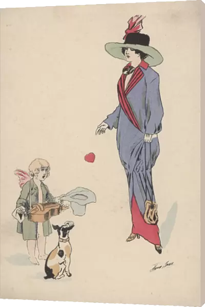 A begging Cupid being paid with a heart by fashionably dressed tall girl (colour litho)