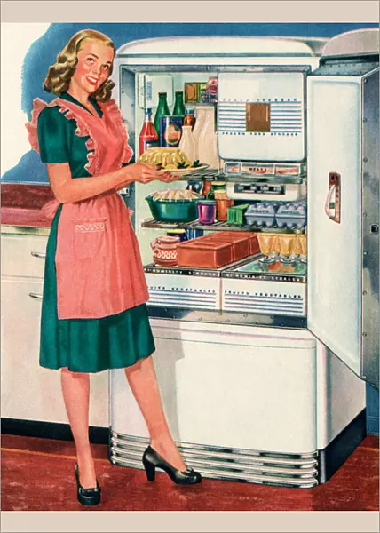 A Happy 1940s Homemaker With Her New Refrigerator, 1946 (screen print)