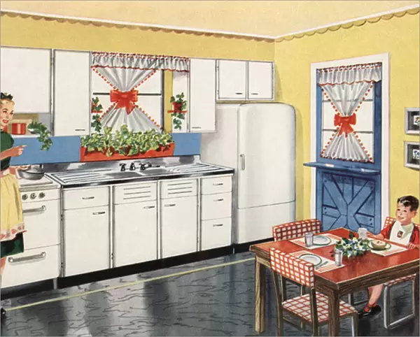 Homemaker in Her New Kitchen Preparing Breakfast, 1950 (screen print)