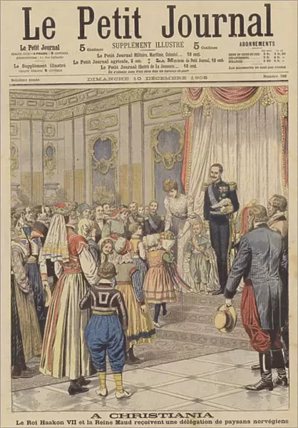 King Haakon VII and Queen Maud of Norway receiving a delegation of Norwegian peasants (colour litho)