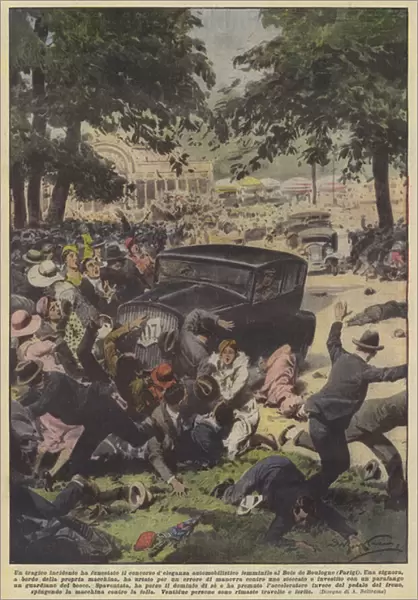 A tragic accident has devastated the womens automotive elegance contest at the Bois de Boulogne (Paris) (colour litho)