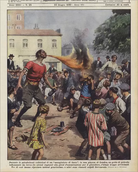 During the amazing performances of a fire eater, on a square in London... (colour litho)