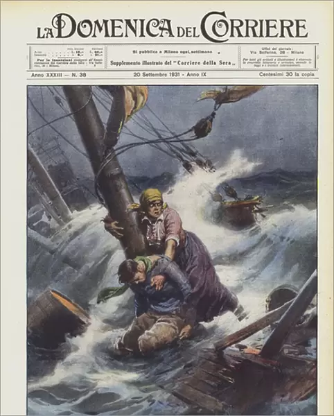 The crew of a Finnish boat (seven sailors and a cook) was surprised in the North Sea by the storm (colour litho)