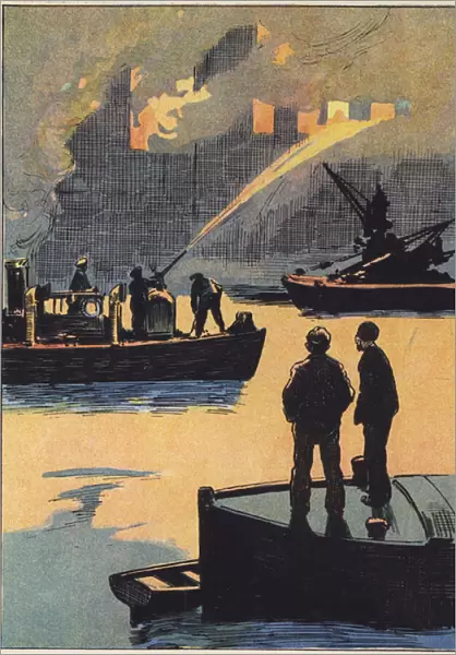 The fire brigade at work on the river (colour litho)