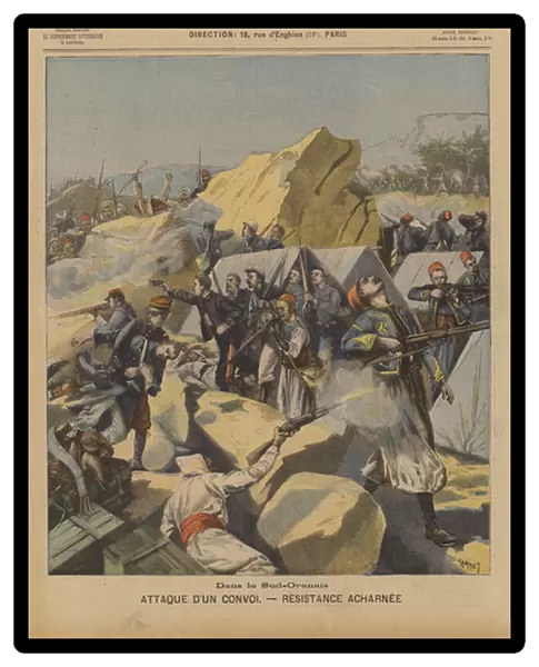 French Foreign Legion convoy defending itself against an attack by Moroccan bandits in southern Algeria (colour litho)