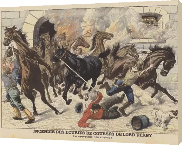 Saving horses from a fire at the racing stables of Lord Derby at Newmarket (colour litho)