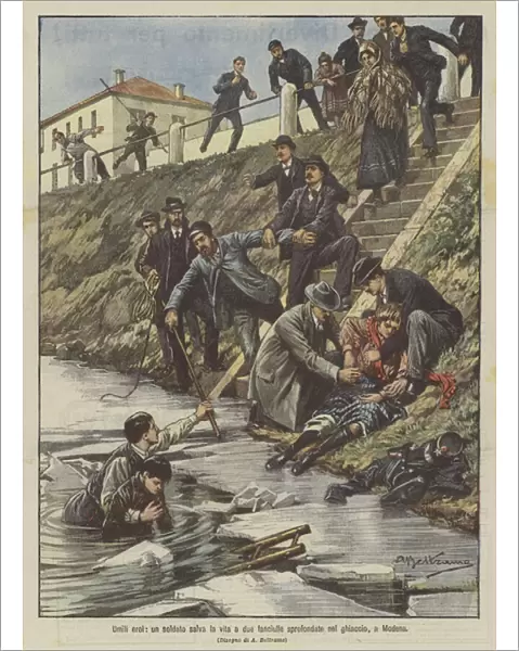 Humble heroes, a soldier saves the lives of two girls sunk in the ice, in Modena (colour litho)
