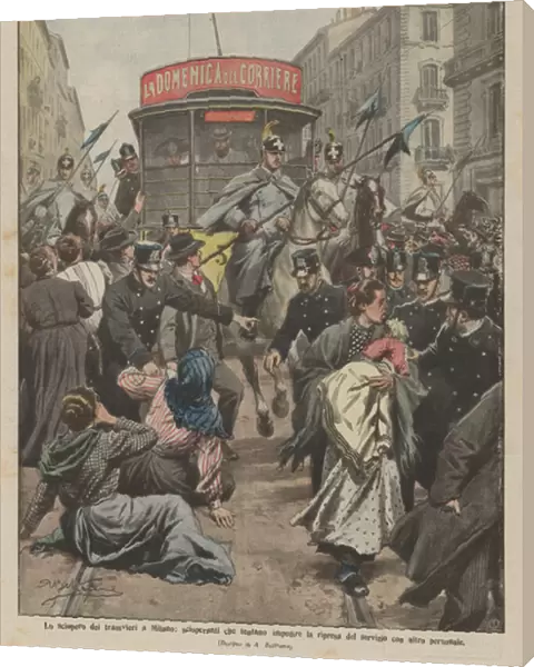 The tramway strike in Milan, strikers trying to prevent the resumption of service with other personnel (colour litho)