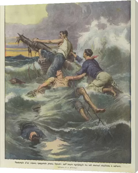 Shipwreck of a Spanish steamer near Porto, of the entire crew only three sailors managed to save themselves (colour litho)