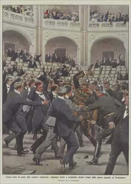 Fierce partisan struggles in the Hungarian Chamber, a deputy wounded by sabers inside the courtroom from... (colour litho)
