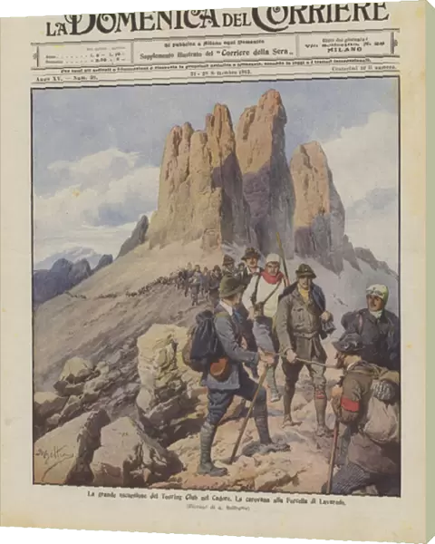 The great excursion of the Touring Club in Cadore, The caravan at the Forcella di Lavaredo (colour litho)