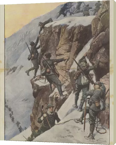 The war on the glaciers, one of our wards assaults an enemy group on the top of the Tuckett Spitz, at 3469 meters (color litho)