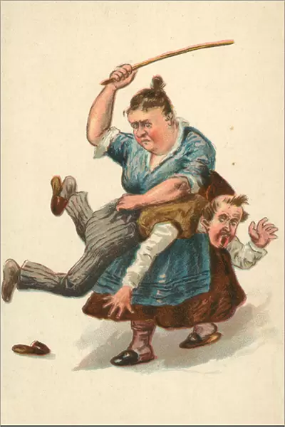 Woman beating her husband (colour litho)