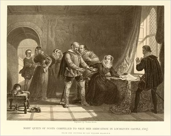 Mary Queen of Scots compelled to sign her abdication in Lochleven Castle (engraving)