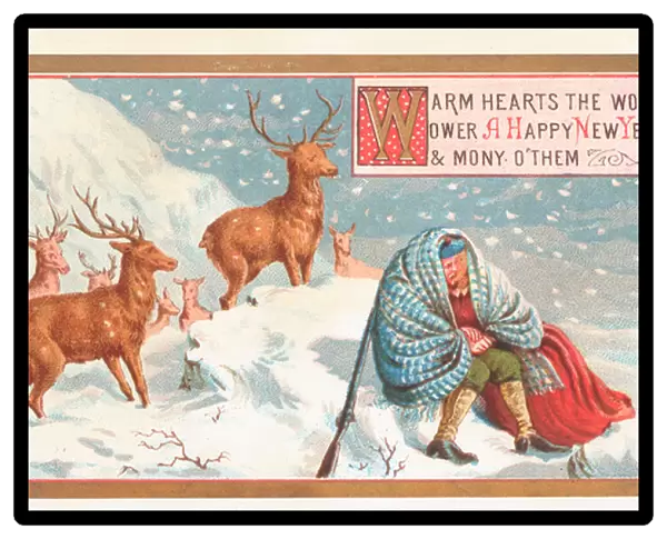 Hunter and Stags in the snow, New Year Card (chromolitho)