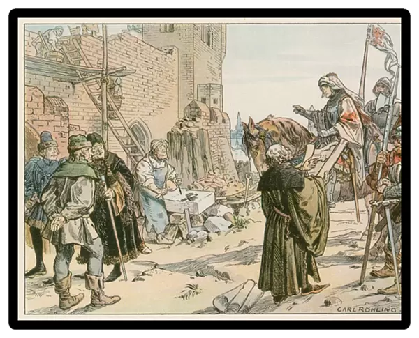 Frederick II at the laying of the foundations of the castle on the river Spree in 1443 (colour litho)