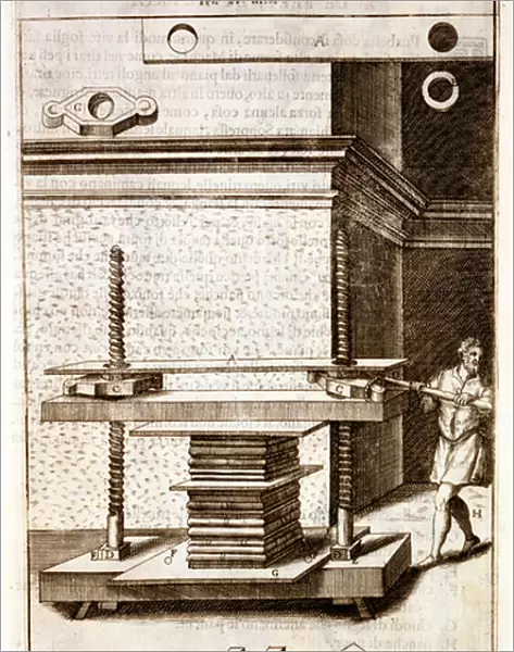 A book press for folio books, 1607 (engraving)