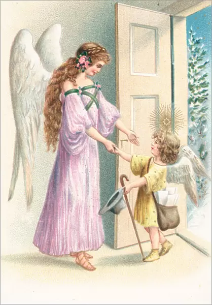 An angel stands by an open door welcoming a cherub (colour litho)