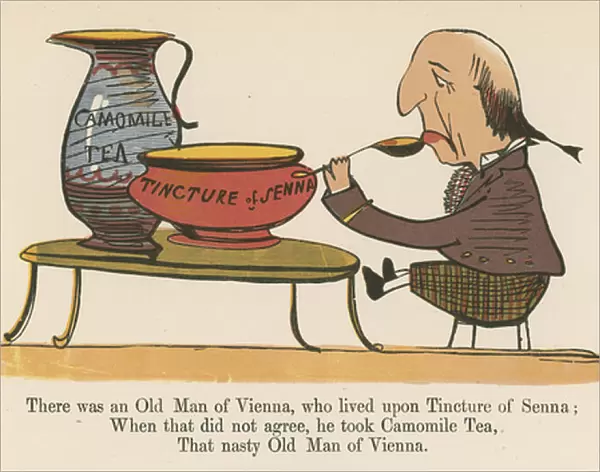 'There was an Old Man of Vienna, who lived upon Tincture of Senna', from A Book of Nonsense, published by Frederick Warne and Co. London, c. 1875 (colour litho)