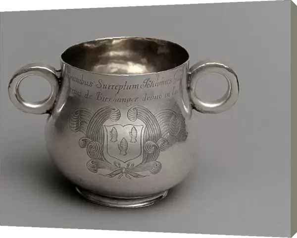 Cup with large belly and thick cast rim base, and a pair of ox-eye handles, 1675 (silver)