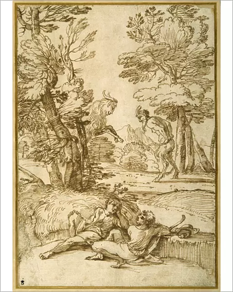 A landscape with two shepherds lads resting, while a satyr and a goat dance