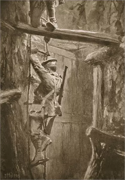 Acting-Second-Corporal O Brien descending a shaft with an officer to search for